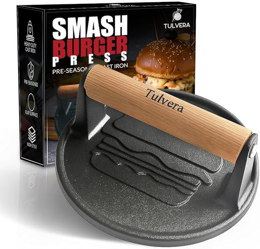 Smash Burger Press | Cast Iron Hamburger Smasher Tool | Flat-Edge Meat Press for Hamburgers, Bacon, Outdoor Kitchen | Griddle & Grilling Accessories | Pre-Seasoned | 6.1”