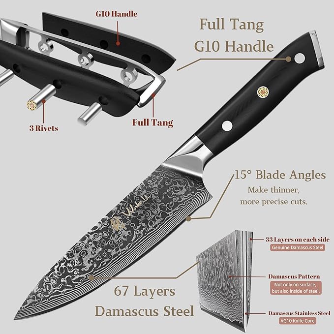 Wakoli Elite Cuisine Knife Block Set – 5-Piece Professional Damascus Kitchen Knife Set with Magnetic Block, G10 Handles & VG10 Core in Elegant Gift Box