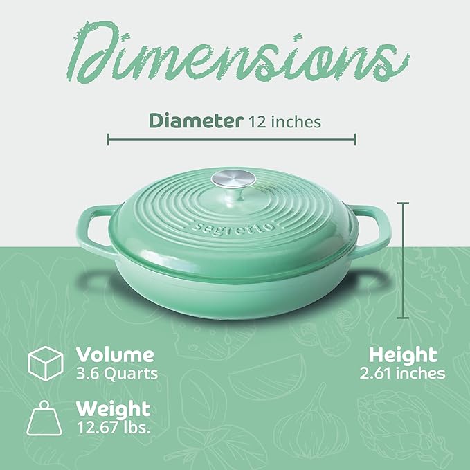 Segretto Cookware 3.6 QT Verde Chiaro (Light Green) Cast Iron Braiser Pan With Lid, Braiser Enameled Cast Iron Casserole Pan With Cover, Lasagna Pan Enamel Cast Iron Skillet with Lid Cookware