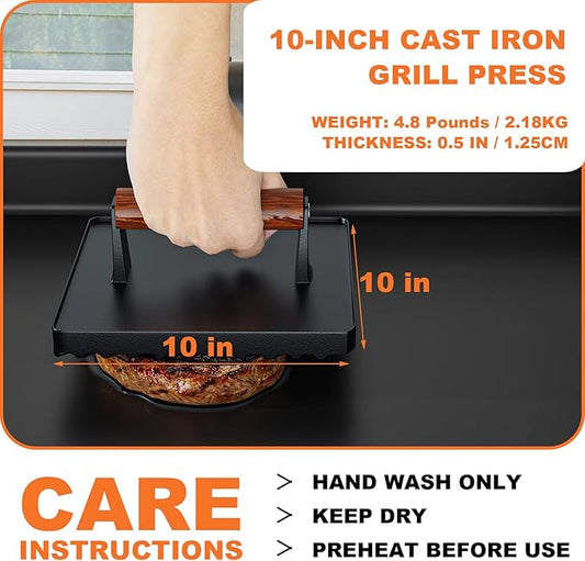 KEESHA Grill Press Set for Griddle, 10" Square Cast Iron Burger Press, Round & Square Egg Molds, Heavy-Duty Smash Steak Press with Professional Grill Marks, 5 Pounds