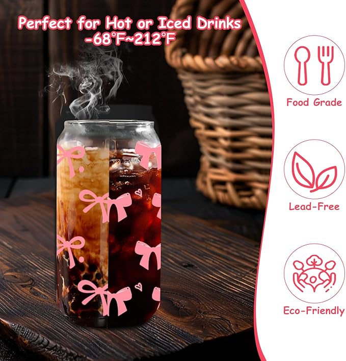 Pink Bow Glass Cups with Lids and Straws, 4 Pcs 16 OZ Coquette Bow Aesthetic Glass Iced Coffee Cup Smoothie Reusable Mug Tumbler for Girls Women Sister