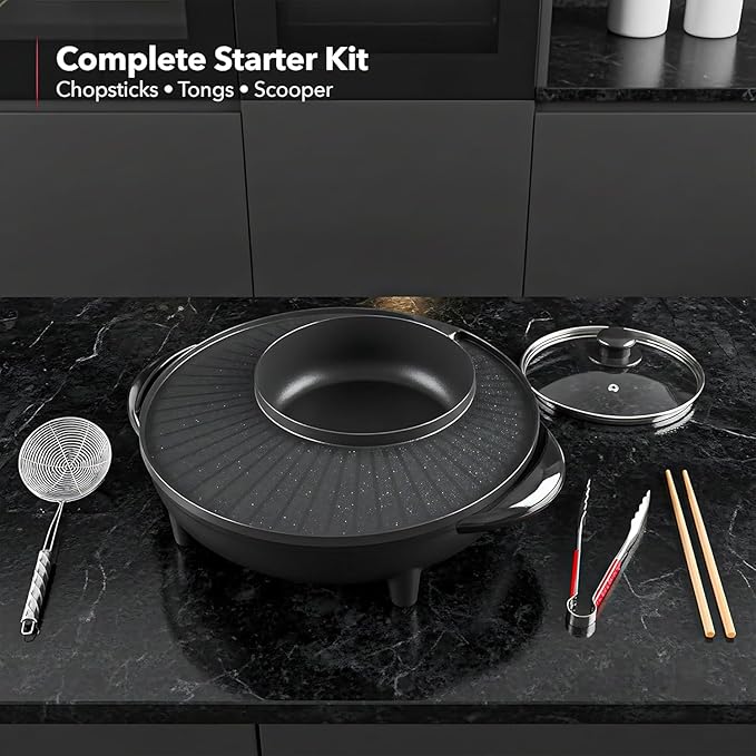 OVENTE Electric Hot Pot and Grill Combo, 2-in-1 Portable Countertop Cooker with Temperature Control Perfect for Korean BBQ, Shabu Shabu and Soup with Free Strainer, Chopsticks and Tong, Black GH10133B
