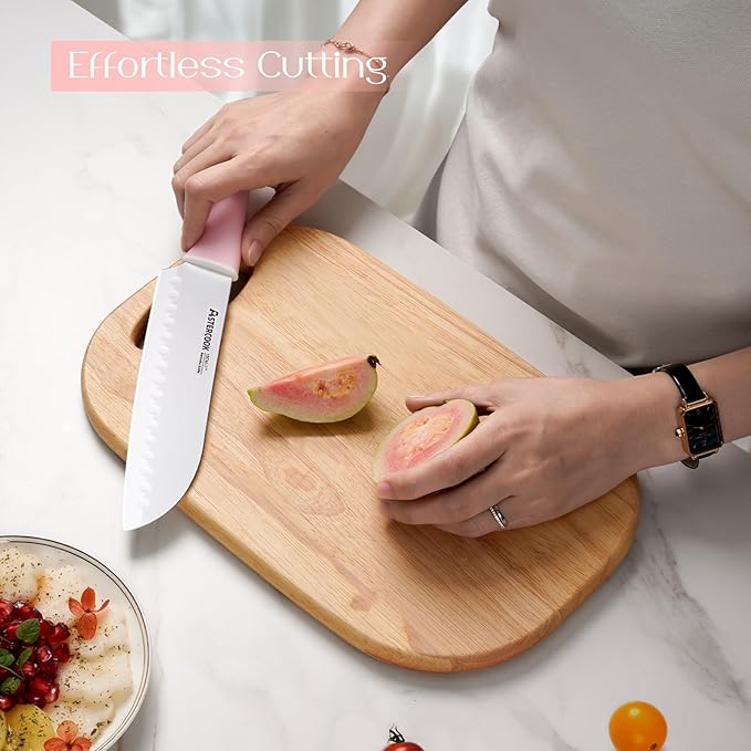 Astercook Knife Set, Kitchen Knives Set with Block and Sharpener Ceramic Coating 15 Pcs German Stainless Steel Knives Sharp Blade Dishwasher Safe Deba Knives with Ergonomic Handle, Crystal Pink