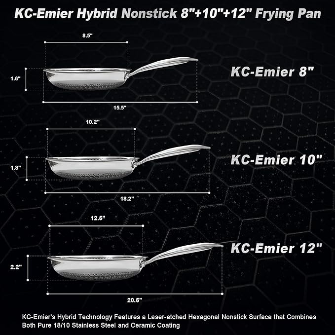 KC-Emier 8/10/12 Inch Non-Stick Frying Pan Set Tri-Ply Stainless Steel Pan with Stay-Cool Handle Oven & Dishwasher Safe For Induction, Ceramic & Gas Stovetops