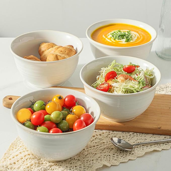 Soup Bowls, 40 Ounce Serving Bowls for Cereal Soup Salad Pasta Popcorn Oatmeal Breakfast, Durable Deep Ceramic Bowl Sets Suit For Housewarming, Microwave Safe & Dishwasher Safe, Arctic white