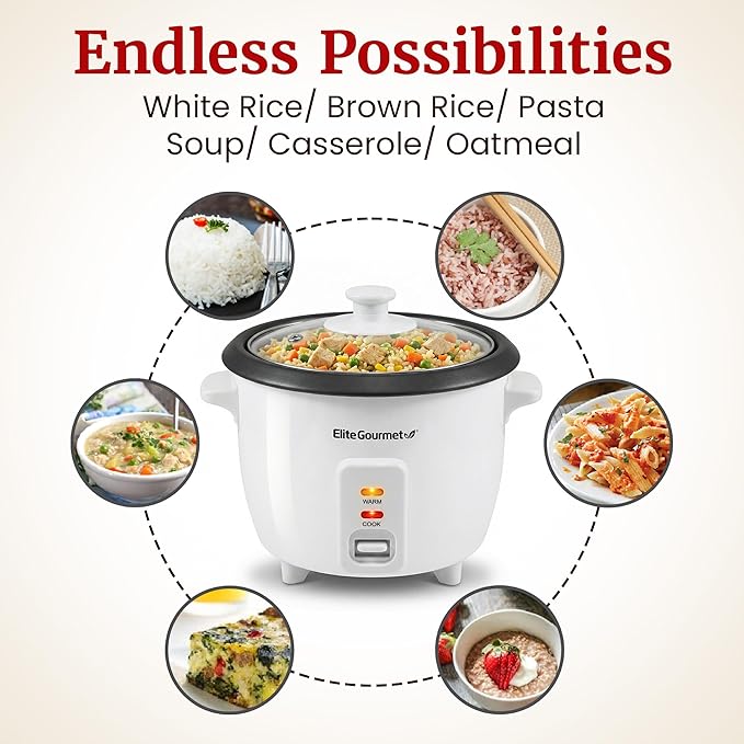 Elite Gourmet Electric Rice Cooker with Steam Tray and Non-Stick Inner Pot Makes Soups, Stews, Grains, Cereals, Keep Warm Feature, 6 Cups Cooked (3 Cups Uncooked), White
