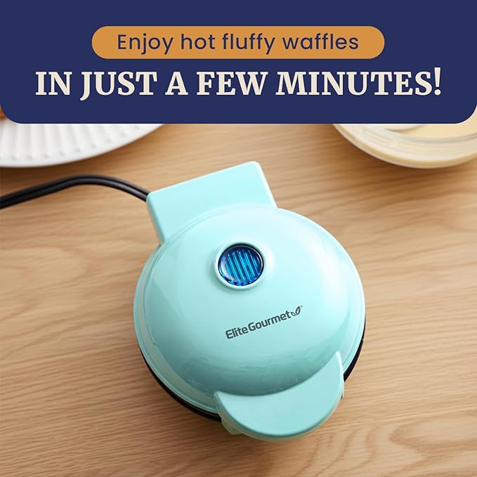 Elite Gourmet EWM015M# Electric Nonstick 4.5-inch Mini Waffle Maker, Belgian Waffles, Compact Design, Hash Browns, Keto, Snacks, Sandwich, Eggs, Easy to Clean, Mint