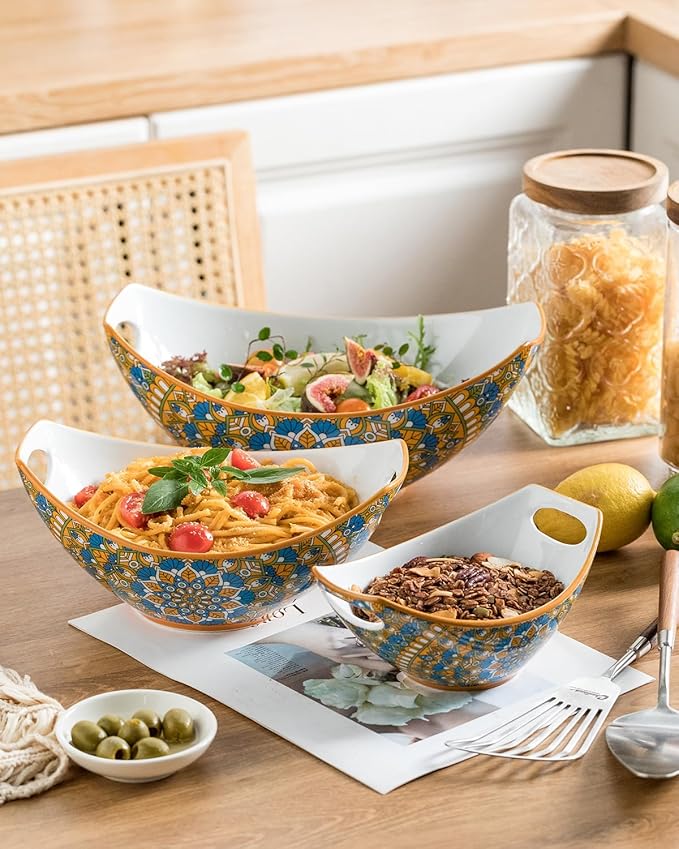 LAUCHUH Serving Dishes for Entertaining, Porcelain Serving Bowls with Handles Bohemian Salad Bowls Set Nesting Bowls for St. Patrick's Day Party, Set of 3, 15/28/49 oz, Blue and Yellow