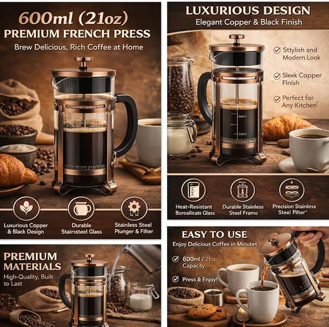 French Press Coffee Maker 21 oz, 304 Stainless Steel 4 Mesh Filter, Borosilicate Glass, Heat-Resistant, BPA-Free, Ideal for Home, Office & Gift