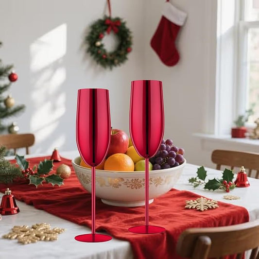 Stainless Steel Champagne Flutes Set of 4-Wedding &Birthday Gifts,8.5 Oz Unbreakable Champagne Glass with Long Stem,Reusable Indoor Outdoor Drinkware (Red)