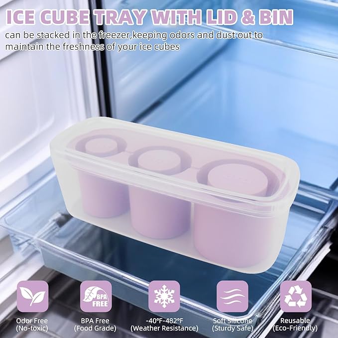 Fu Store Ice Cube Tray for Tumbler Cup 30-40 oz Tumbler 3pcs Silicone Ice Cube Molds With Lid and Bin for Chilling Cocktails Whiskey Drinks Juice Coffee Easy Fill and Release Ice Maker (Purple，40 oz)
