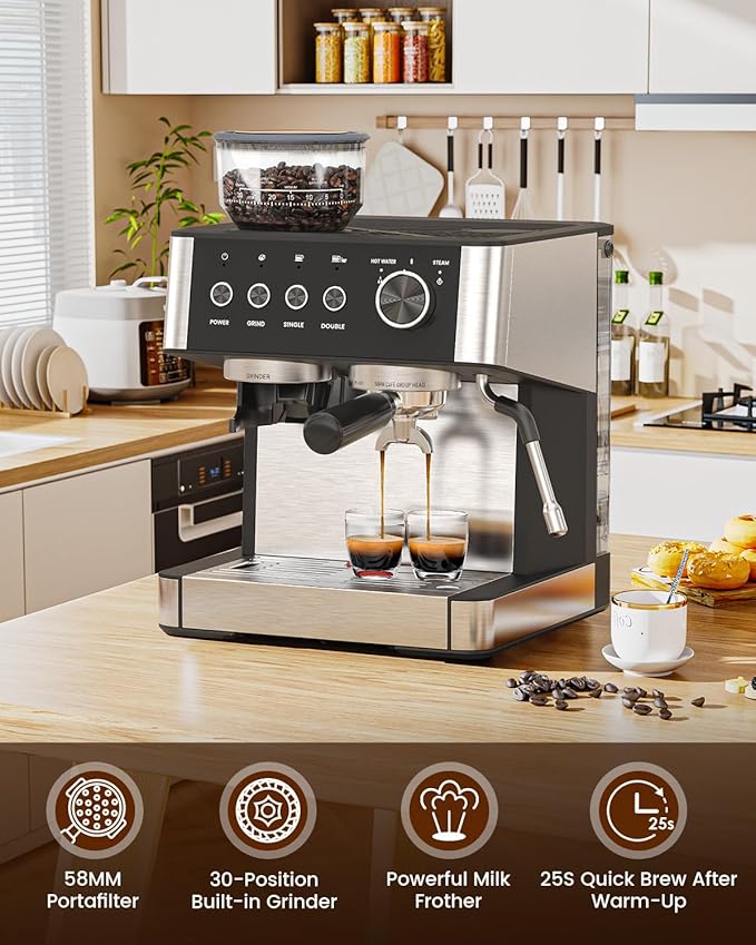 Electactic (2025 Upgrade Espresso Machine with Grinder, 20 Bar Professional Espresso Coffee Machine with Anti-Clog Design, Built-in Milk Frother Steam Wand-Perfect Cappuccino & Latte Maker for Home