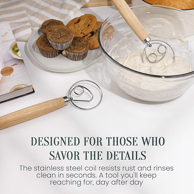 BRIVANA 13-Inch Danish Dough Whisk – Wooden Handle with Stainless Steel Single Loop – Bread Whisk for Sourdough, Pizza Dough, Cake Batter and Artisan Bread Baking