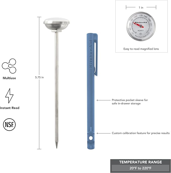 KitchenAid KQ901 Instant Read Food Thermometer for Kitchen or Grill, TEMPERATURE RANGE: 20F to 220F, 1 Inch Dial, Blue Velvet