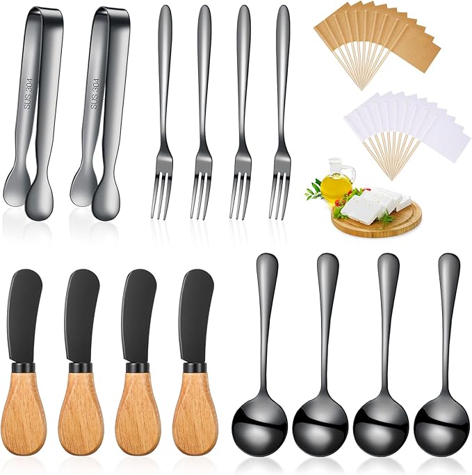 Cheese Butter Spreader Knives Set Charcuterie Accessories Stainless Steel Spreader Knives with Wooden Handles Charcuterie Boards Utensils Mini Serving Tongs Spoons and Forks (Black,14 Pieces)