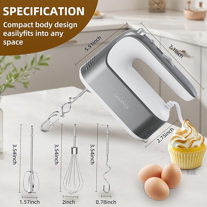 GELANGS-400W Hand Mixer with Turbo Boost - 5-Speed, One-Touch Release, Copper Motor - 3 Dishwasher-Safe Attachments - 110V Heavy Duty Mixer for Baking, Whipping & Dough