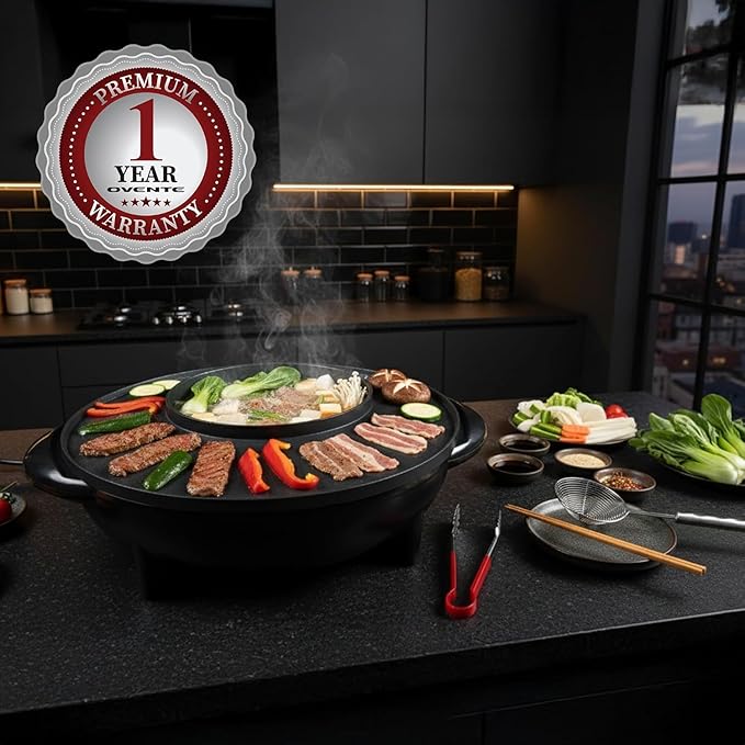 OVENTE Electric Hot Pot and Grill Combo, 2-in-1 Portable Countertop Cooker with Temperature Control Perfect for Korean BBQ, Shabu Shabu and Soup with Free Strainer, Chopsticks and Tong, Black GH10133B
