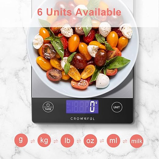 CROWNFUL Food Scale, 33lb Rechargeable 304 Stainless Steel Digital Kitchen Scale Weight Grams and Ounces with LCD Display and Type-C Charging for Meal Prep, Baking and Cooking