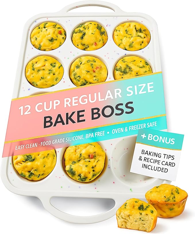 Regular Size 12 Cup Silicone Muffin Pans for Baking with Metal-Reinforced Handles – Nonstick Silicone Cupcake Pan, Easy-Release, BPA-Free Muffin Tray, Oven & Dishwasher Safe – 1 PACK - Cream