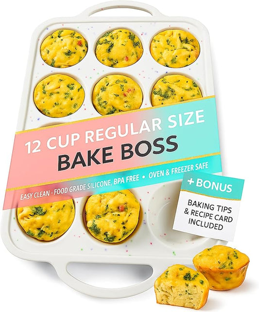 Regular Size 12 Cup Silicone Muffin Pans for Baking with Metal-Reinforced Handles – Nonstick Silicone Cupcake Pan, Easy-Release, BPA-Free Muffin Tray, Oven & Dishwasher Safe – 1 PACK - Cream