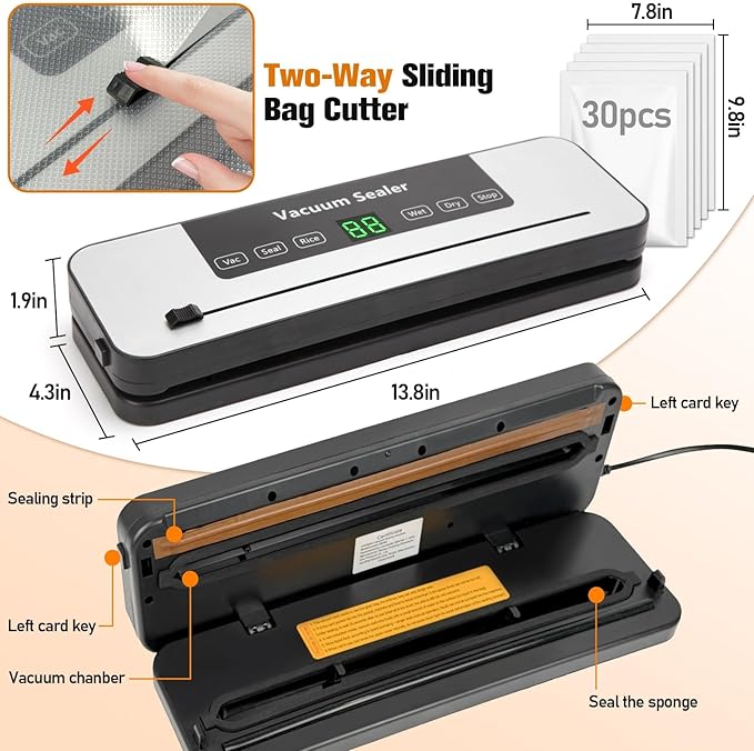 Vacuum Sealer Machine for Food with 30 Storage Bags, Built-in Cutter, 6-in-1 Automatic Sealing Machine for Seal a Meal, Wet & Dry Food Prep, Compact Heat Sealer for Freezer Preservation