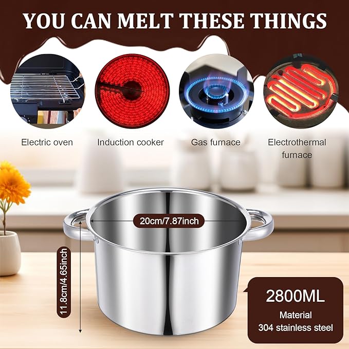 304 Stainless Steel Double Boiler Set -1.8QT Melting Bowl with Scale and Handle - 2.54QT Dual-Handle Pot - Stackable Water Bath Melting Pot Set for Butter, Chocolate, Wax, Sugar, Candle