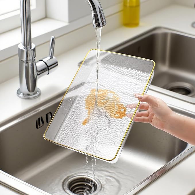 4 Pack Clear Serving Trays, Deep Serving Platters Rectangle 12'' x 8'', Decorative Tray with Gold Rim, Reusable Plastic Tray Organizer for Coffee Table Pantry Party Food Display Spill Proof