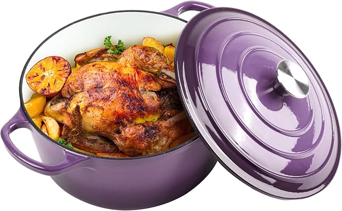 6 Quart Dutch Oven Enameled Cast Iron with Lid - Big Dual Handles - Oven Safe up to 500°F - Classic Round Pot for Versatile Cooking Purple