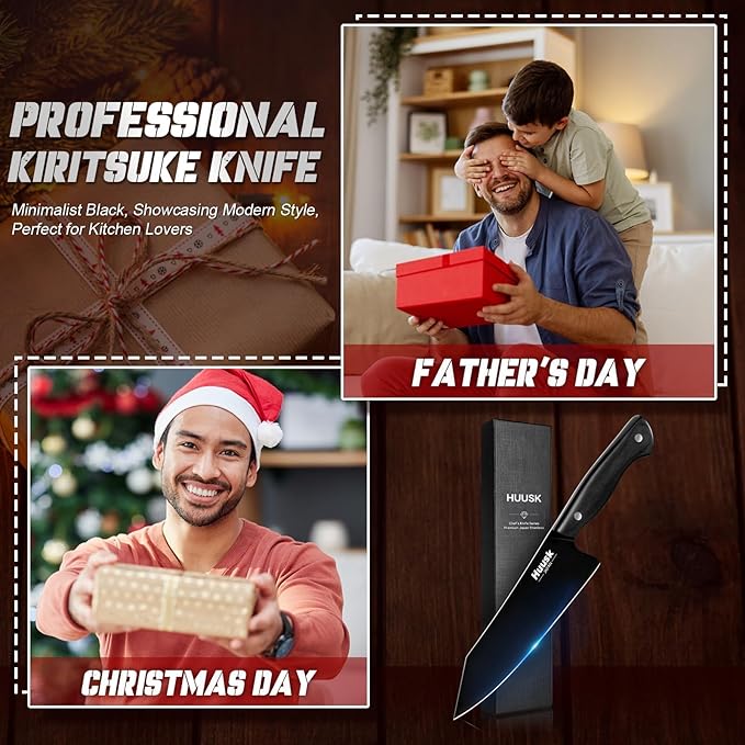 Huusk Japanese Chef Knife for Kitchen - 7" Kirisuke Knife with Black Titanium Coating, Stainless Kitchen Cooking Knifes for Vegetable & Meat Cutting, Ultra Sharp Sushi Knives, Men's Christmas Gifts