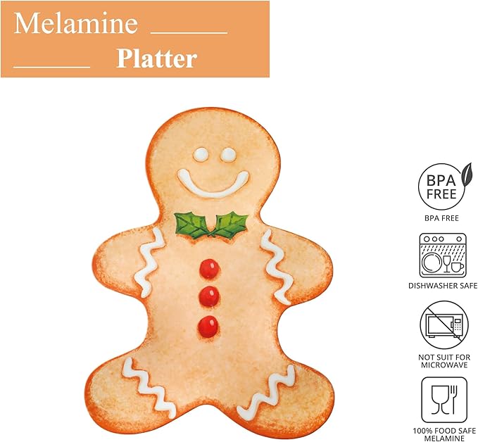 UP UPware Gingerbread Man Shaped Melamine Serving Platter, Christmas Holiday Party Tray, Festive Gingerbread Design, for Cookies, Snacks, and Appetizers, Brown,17 x 12.75 Inch