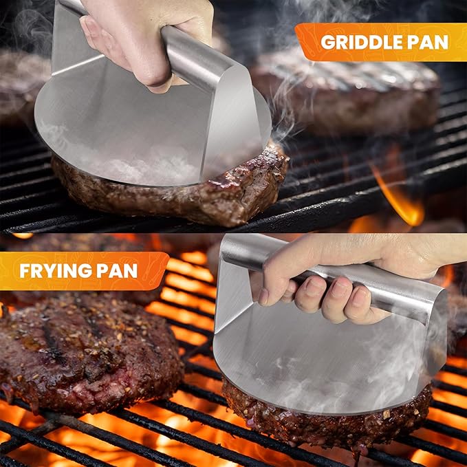 Burger Press, 5.5” Stainless Steel Round Hamburger Press, Hamburger Smasher with Smooth Edges, Non-Stick Grill Press for Smashburger, Meat, Ground Beef, Sausage, Bacon