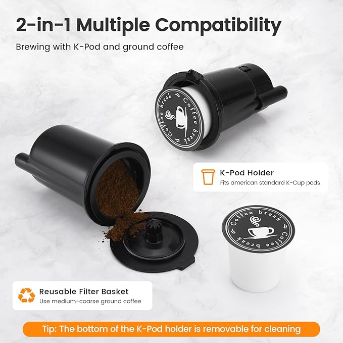 Single Serve Coffee Maker for K-Cup Pod and Grounds, Hot and Iced Coffee Maker, 6 to 14oz Brew Sizes, Strong Button Feature, 50oz Removable Reservoir, Up to 6.5 Inch Cup, Stainless Steel, Grey