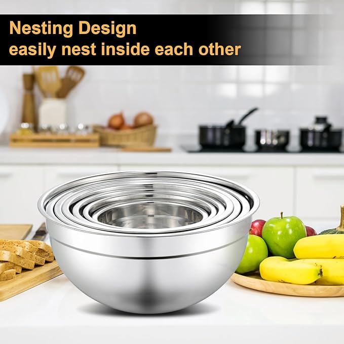 7 Piece Mixing Bowls with Lids Set - Mixing Bowls Stainless Steel Bowls for Kitchen Baking, Size 0.7, 1.1, 1.5, 2.1, 3.5, 4, 4.5QT, Baking Bowl for Food Preparation, Mixing and Serving Foods