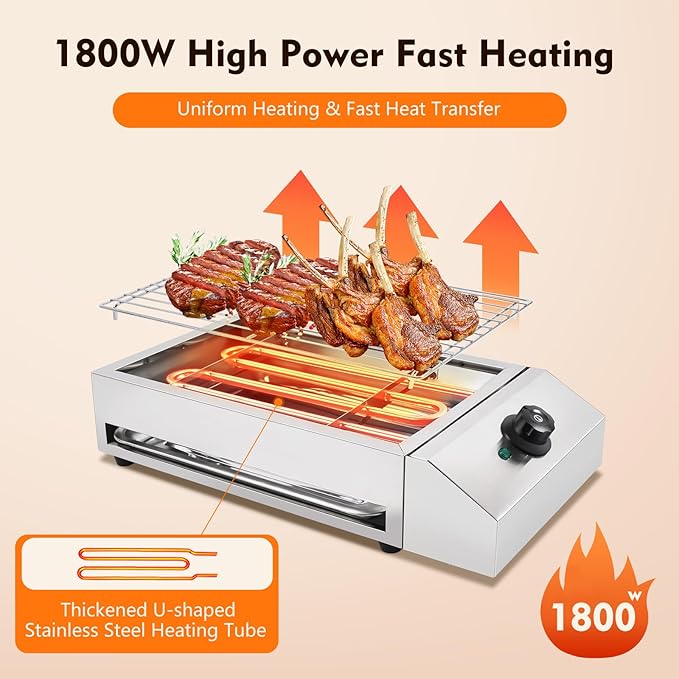Smokeless Electric Indoor Grill, 1800W Countertop Electric BBQ Grill with Adjustable Temperature 122°F-302°F, Commercial Stainless Steel Barbecue Griddle for Restaurant, Camping, or Party Use