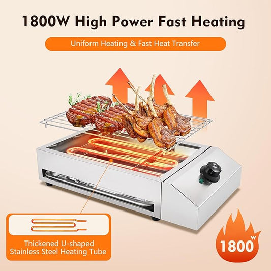 Smokeless Electric Indoor Grill, 1800W Countertop Electric BBQ Grill with Adjustable Temperature 122°F-302°F, Commercial Stainless Steel Barbecue Griddle for Restaurant, Camping, or Party Use