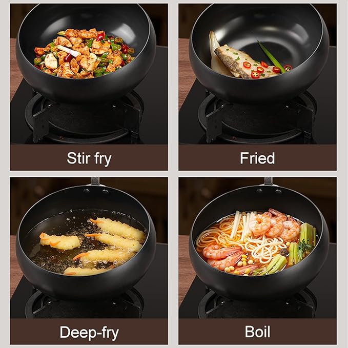 UMETRE Carbon Steel Wok Pan, 10.2" Woks & Stir-Fry Pans with Glass Lid Cookwares, Nonstick Wok Flat Bottom Small Handmade Chinese Wok For for All Stoves