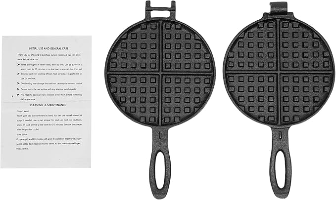 Cast Iron Waffle Maker, 2-Piece Stovetop Waffle Iron Set for Gas Stove - 6.7 Inch Classic Belgian Waffle Plates, Non-Stick & Detachable, Perfect Holiday & Christmas Breakfast Gift (Black)