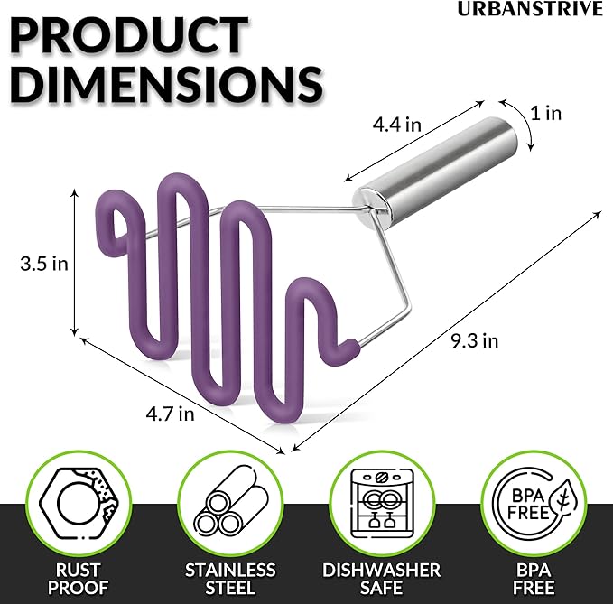 Urbanstrive Non-Scratch Silicone Potato Masher Kitchen Tool, Potatoes Masher Potato Masher Stainless Steel Wrapped In Premium Silicone, Potato Smasher, Purple