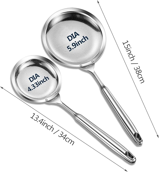 Ugotit Skimmer Spoon - Extra Large Stainless Steel Fine Mesh Strainer for Soup, Pasta & Deep Frying, Bacon Fat Filter with Thickened Grip (DIA 5.9 Inch)