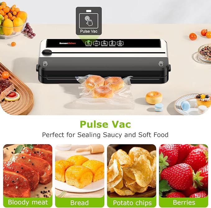 Bonsenkitchen Vacuum Sealer Machine, Built-in Cutter | Multifunctional Food Sealer for Sous Vide & Meal Prep, 5 Pre-Cut Bags, Silver-Black