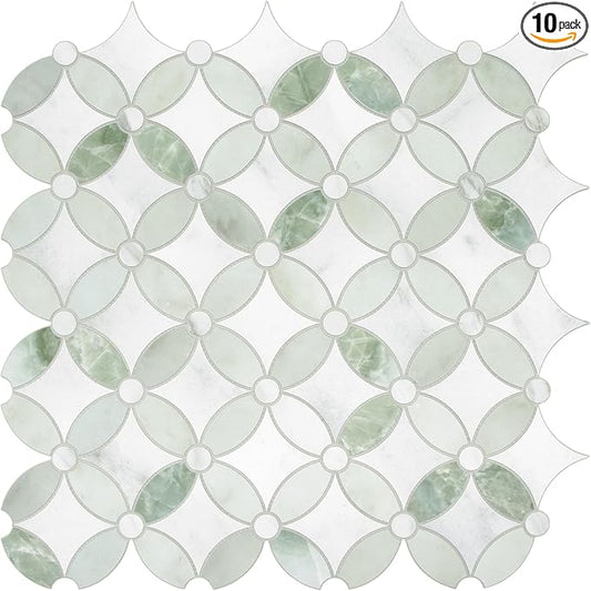 SUNWINGS 10-Sheet Peel and Stick Backsplash Coin Waterjet Tile, 11.2" x 11.2" Green Marble Looks Self Adhesive Wall Tile Stick on Backsplash for Kitchen, Bathroom, Fireplace, Shower