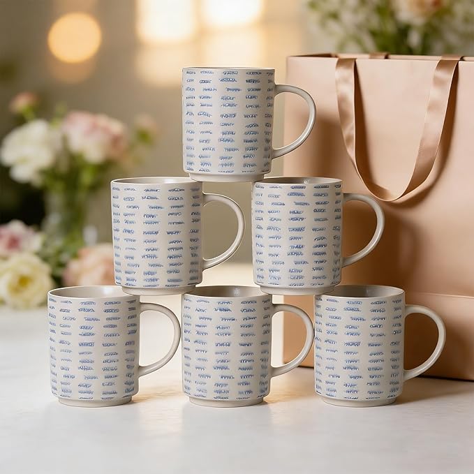Coffee Mugs Set of 6, 17oz Ceramic Mugs with Handpainted Blue Gray Stripe Pattern, Modern Stackable Coffee Cups, Dishwasher and Microwave Safe Mugs for Home & Office