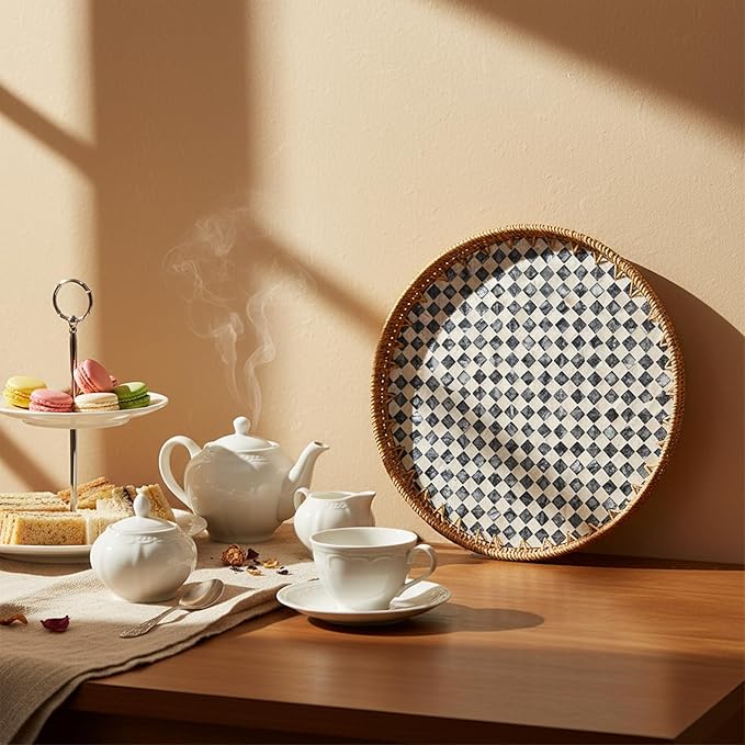 16 inch Round Rattan Tray with Mother of Pearl Inlay Wicker Serving Tray with Wooden Base Boho Decorative Wicker Basket for Table Decor Bathroom Candle Perfume(Black Checkerboard)