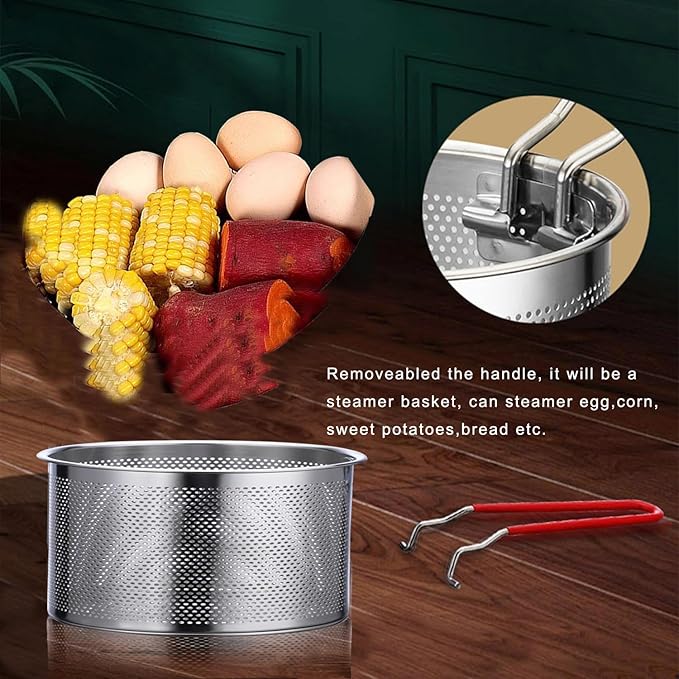 Tenta Kitchen Pasta Strainer Boiling Blanching Colander Vegetable Steamer Basket Stainless Steel Fryer Basket with Removable handle Insert for Veggie Fish Seafood Cooking and heat food 7 Inch