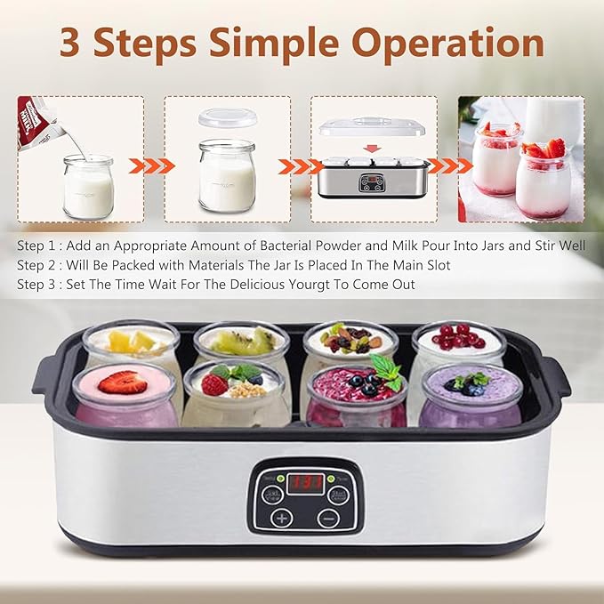Automatic Yogurt Maker with 8 Jars 1400ml Digital Yogurt Maker Machine Adjustable Temperature 48H Time Control for Fresh Homemade Yogurt Dessert, LED Display Multi-Function Electric Yogurt Machine