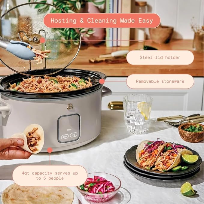 Beautiful 4-Quart Slow Cooker with Touch-Activated Display, Programmable Digital Controls, Removable Non-Stick Pot, Keep Warm Function (Porcini Taupe)