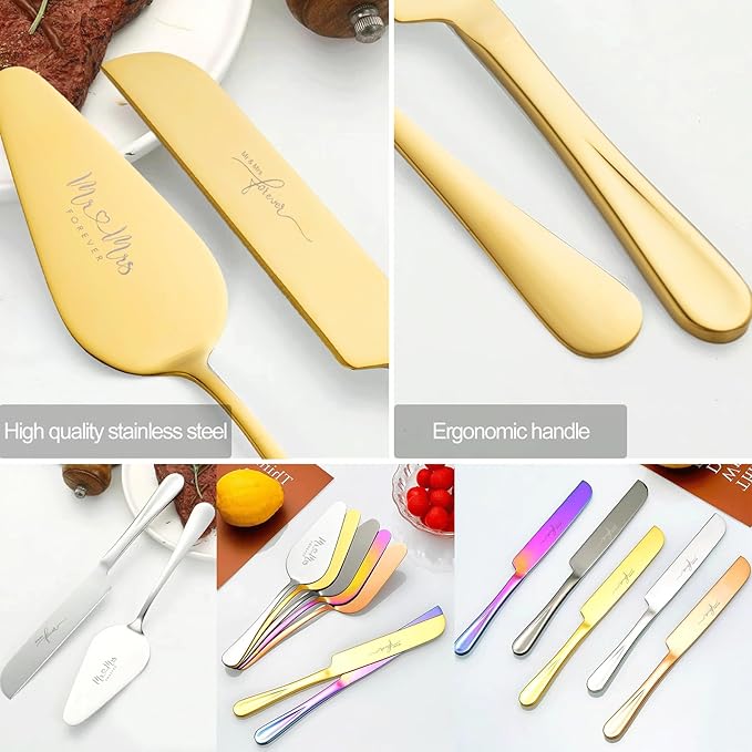 VARLKA Wedding Cake Knife and Server Set, Bride and Groom Champagne Glasses and Gold Cake Cutting Set for Wedding, Cake Cutter and Champagne Flutes Glass for Mr and Mrs Gifts for Coples (Gold)