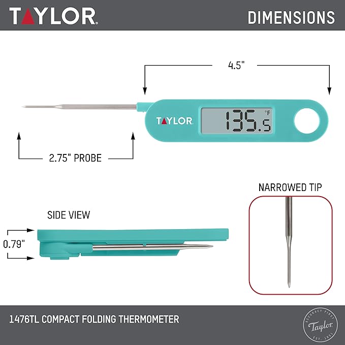 Taylor Instant Read Digital Meat Food Grill BBQ Cooking Kitchen Thermometer, Folding Probe, Teal 0.7 Inch LCD Readout