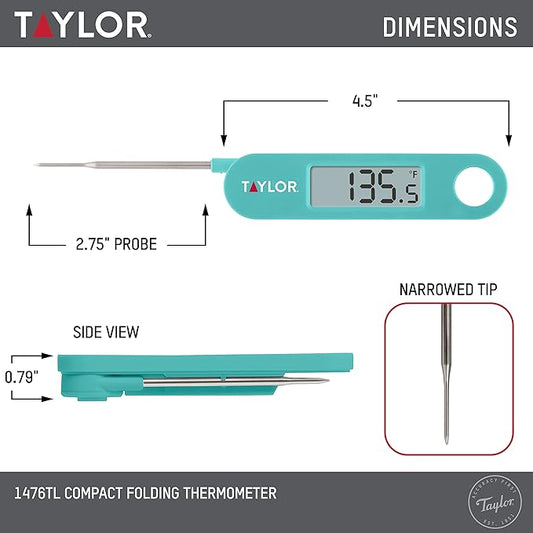 Taylor Instant Read Digital Meat Food Grill BBQ Cooking Kitchen Thermometer, Folding Probe, Teal 0.7 Inch LCD Readout