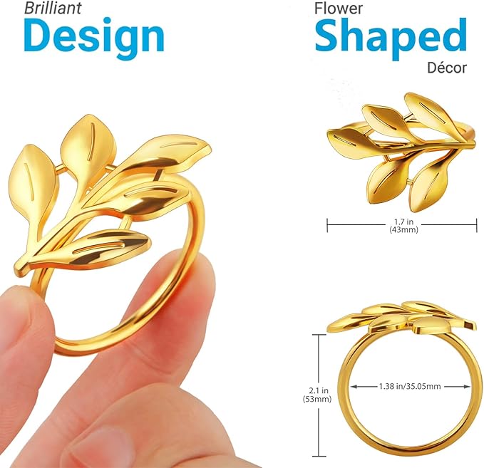Leaf Napkin Ring Holder Set of 12 Gold Color Dining Table Décor for Wedding Party Dinner Banquet (Gold 12pcs)
